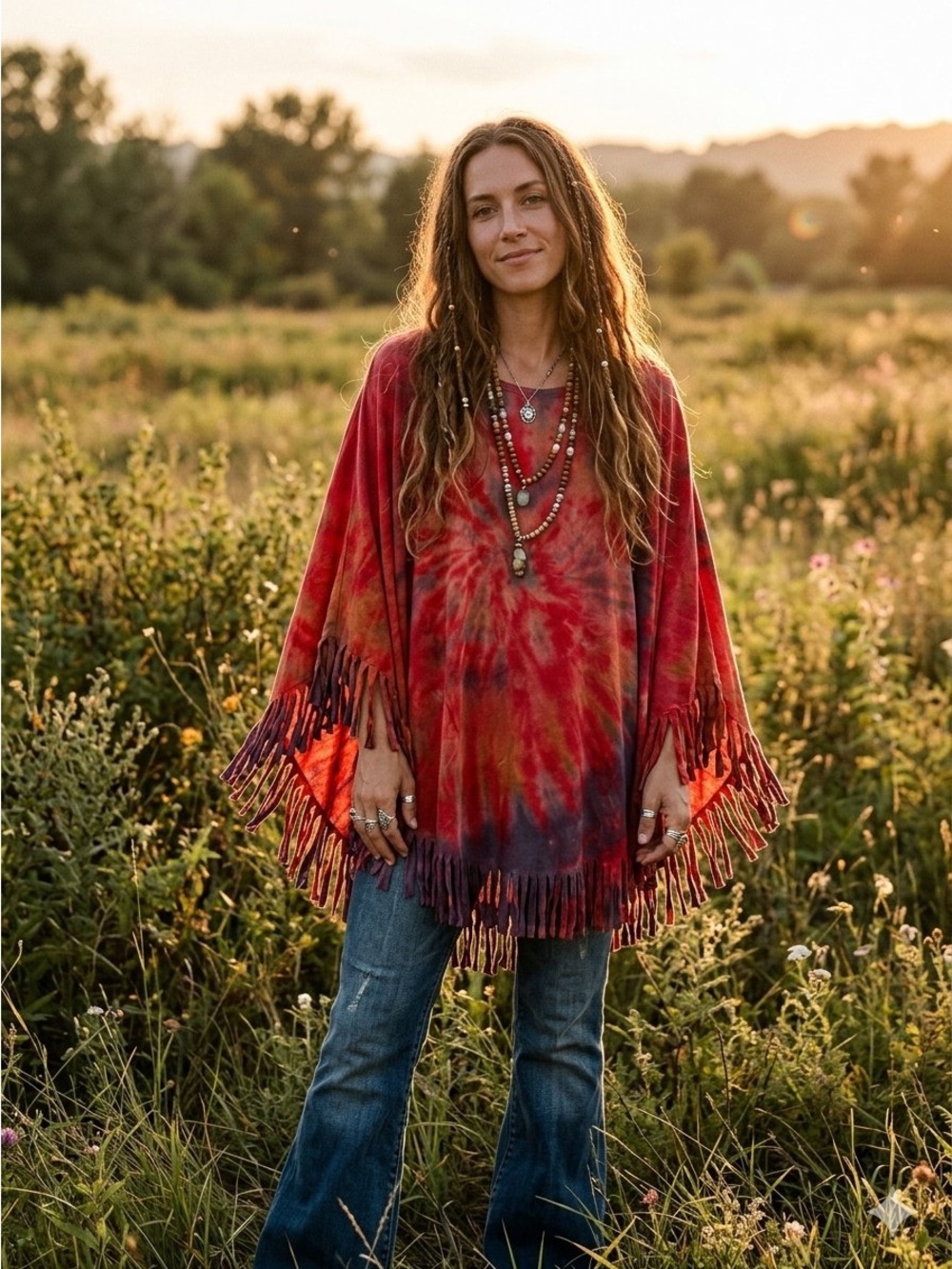 Bohemian Red Tie-Dye Fringe Poncho Top